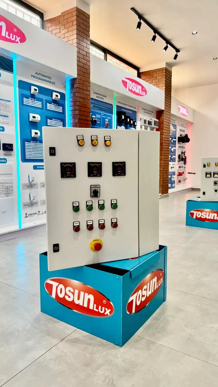 Coffret de commande exposé au showroom : indicateurs à anneau LED AT-72, VT-72 et FT-72, voyants, commutateur, boutons marche / arrêt et arrêt d'urgence